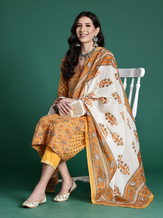 Women Yellow Printed A-Line Kurta Trousers With Dupatta Set