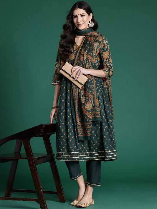 Women Green Printed A-Line Kurta Trousers With Dupatta Set