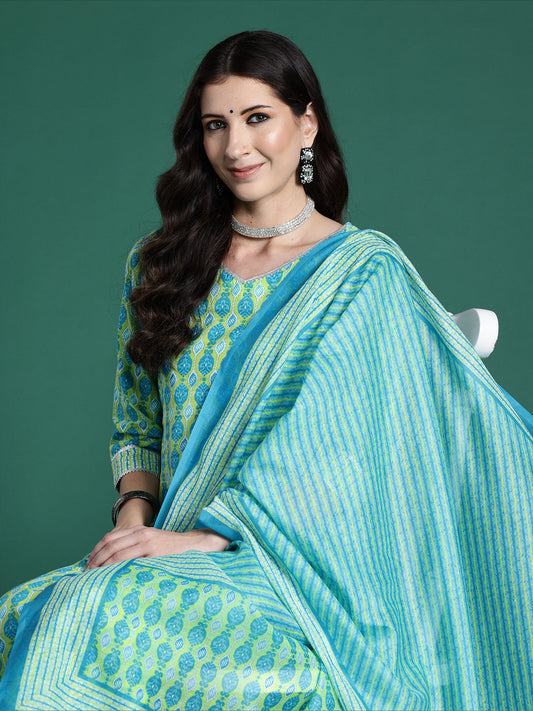 Women Green Printed Straight Kurta Trousers With Dupatta Set