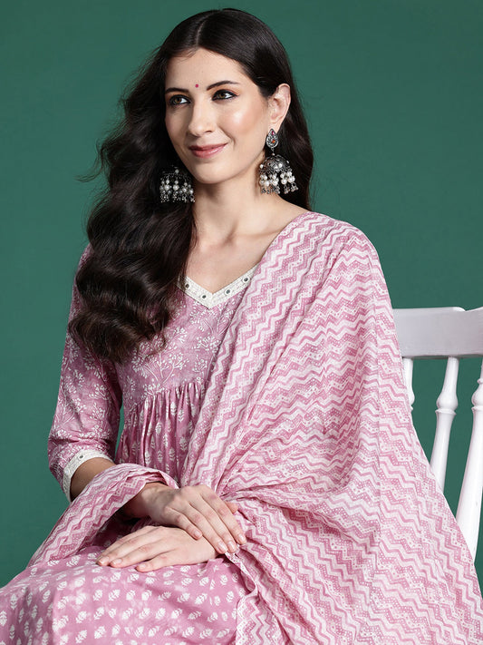 Women Pink Printed A-Line Kurta Trousers With Dupatta Set