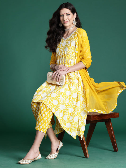 Women Yellow Printed A-Line Kurta Trousers With Dupatta Set