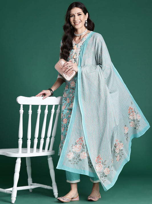 Women Blue Printed Straight Kurta Trousers With Dupatta Set