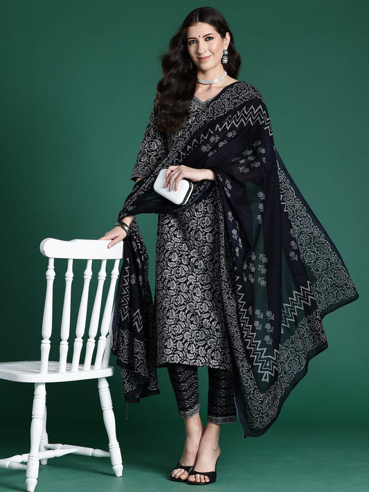 Women Black Printed Straight Kurta Trousers With Dupatta Set