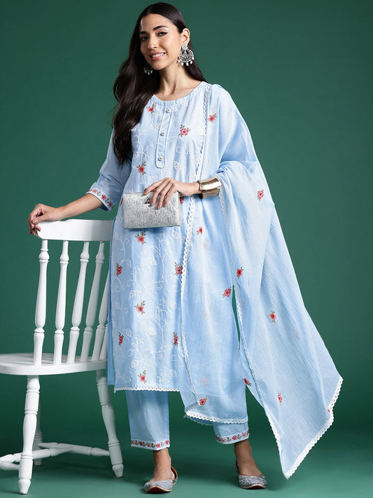 Women Blue Embroidered Straight Kurta Trousers With Dupatta Set