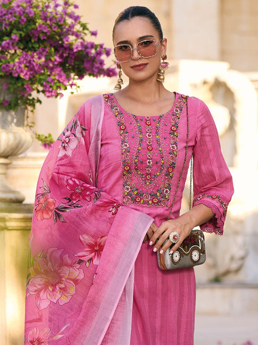 Women Pink Embroidered Straight Kurta Trousers With Dupatta Set