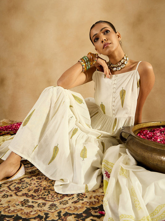 Women White Printed A-Line Kurta Trousers With Dupatta Set