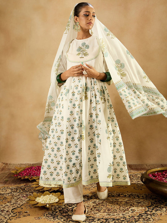 Women White Printed A-Line Kurta Trousers With Dupatta Set