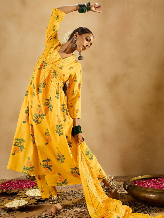 Women Yellow Printed A-Line Kurta Trousers With Dupatta Set