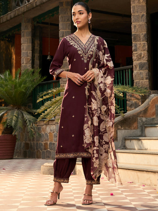 Women Burgundy Embroidered Straight Kurta Salwar With Dupatta Set