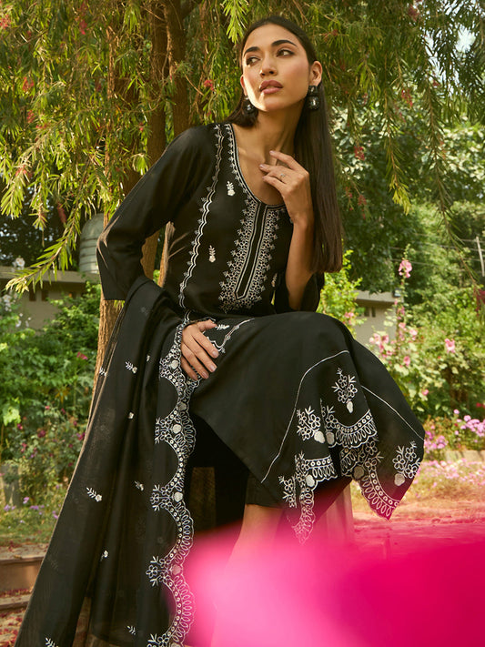 Women Black Embroidered Straight Kurta Trousers With Dupatta Set