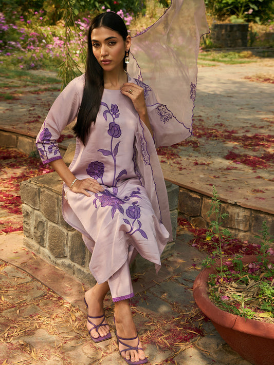 Women Purple Embroidered Straight Kurta Trousers With Dupatta Set