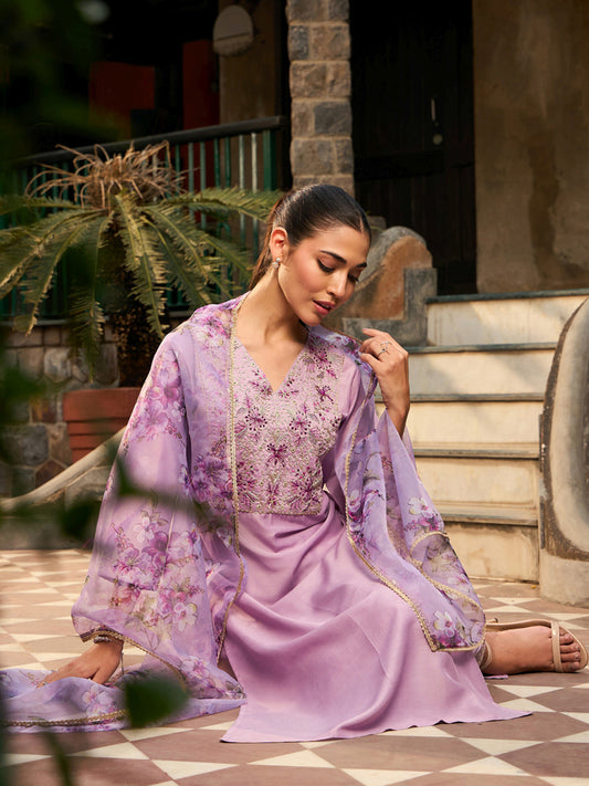 Women Purple Embroidered Straight Kurta Trousers With Dupatta Set