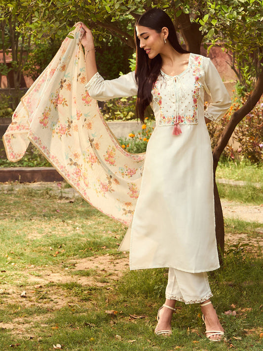 Women White Embroidered Straight Kurta Trousers With Dupatta Set