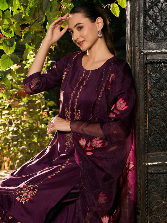 Women Burgundy Embroidered Straight Kurta Trousers With Dupatta Set