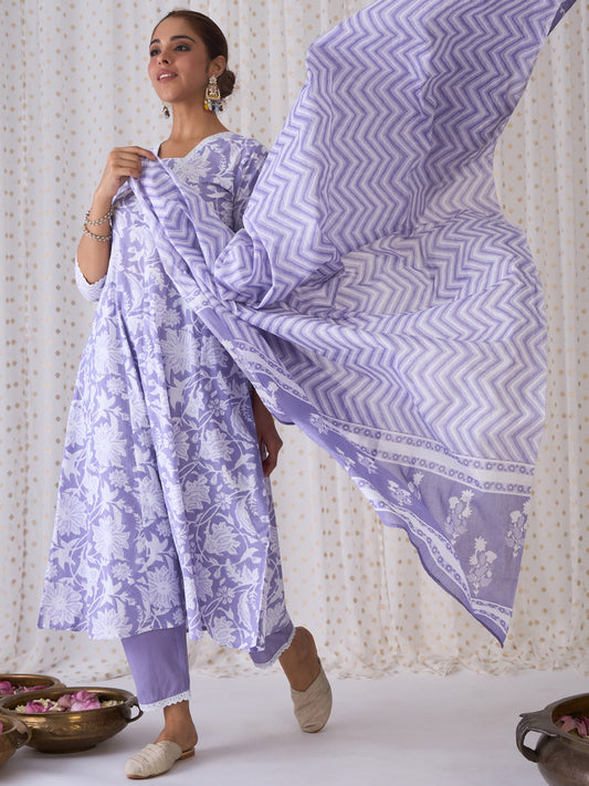 Women Lavender Printed A-Line Kurta Trousers With Dupatta Set