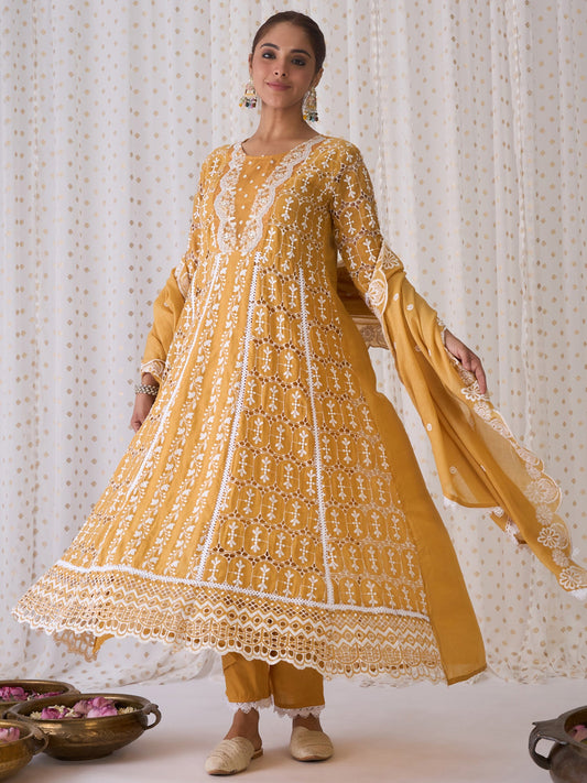 Women Yellow Embroidered A-Line Kurta Trousers With Dupatta Set