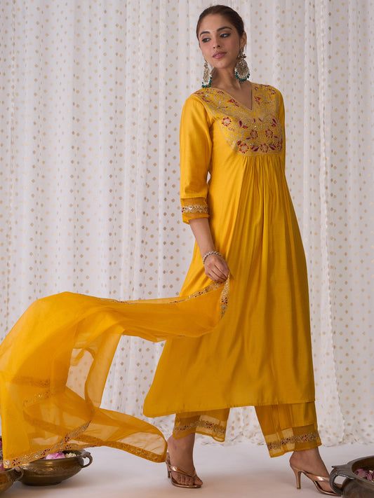 Women Yellow Embroidered A-Line Kurta Palazzos With Dupatta Set