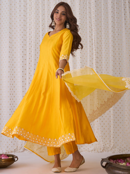 Women Yellow Embroidered Anarkali Kurta Trousers With Dupatta Set