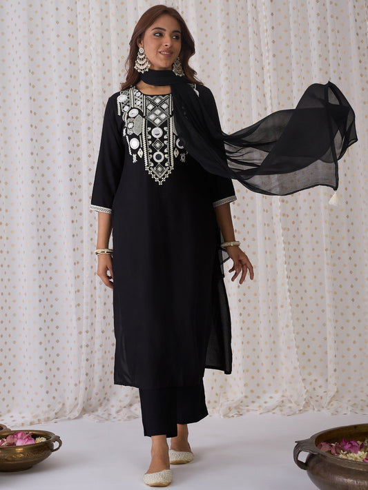 Women Black Embroidered Straight Kurta Trousers With Dupatta Set