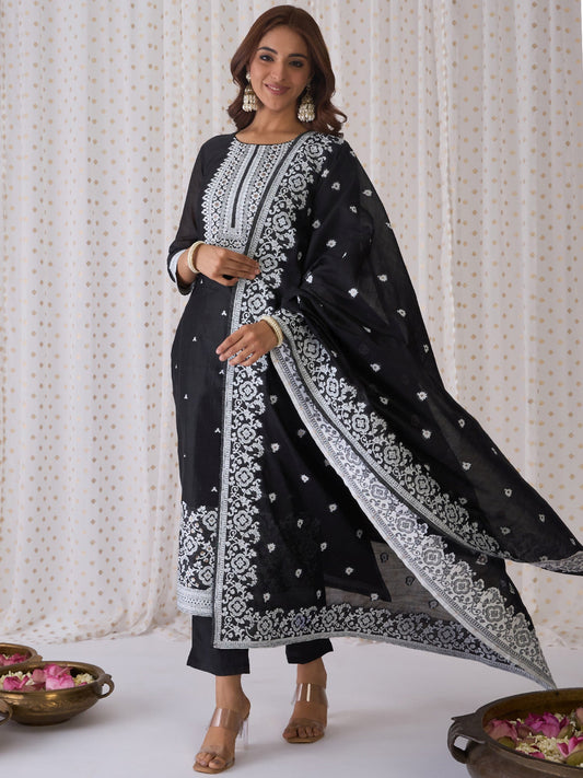 Women Black Woven Design Straight Kurta Trousers With Dupatta Set