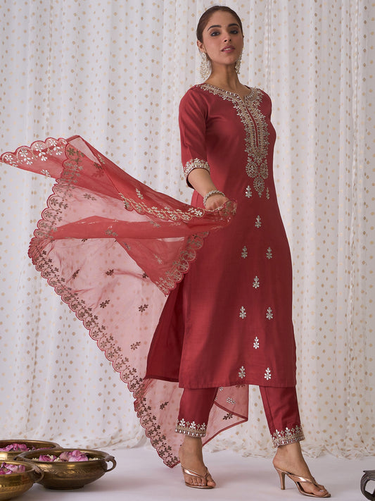 Women Rust Embroidered Straight Kurta Trousers With Dupatta Set