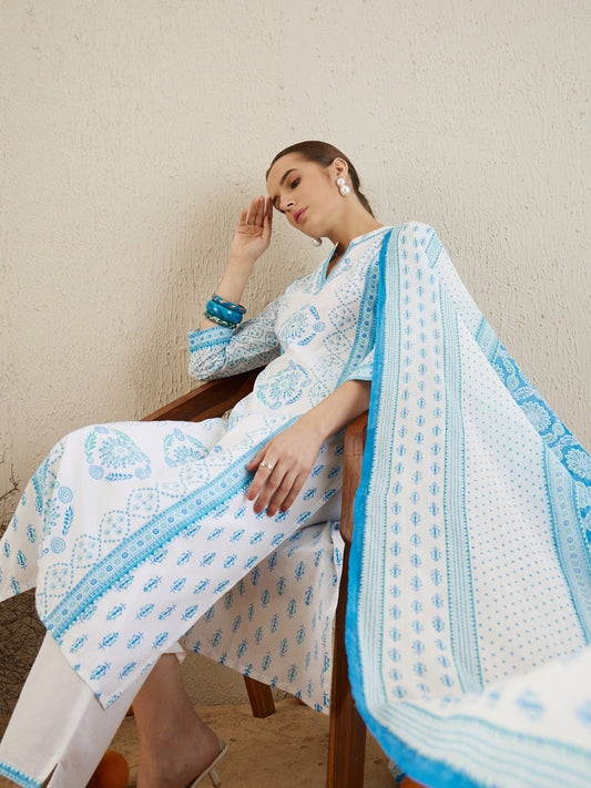 Women Off White Printed Straight Kurta Trousers With Dupatta Set