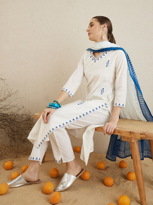 Women Off White Embroidered Straight Kurta Trousers With Dupatta Set