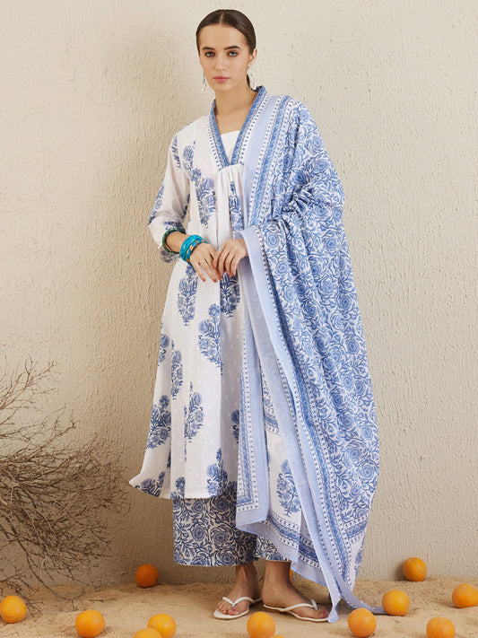 Women White Printed A-Line Kurta Palazzos With Dupatta Set