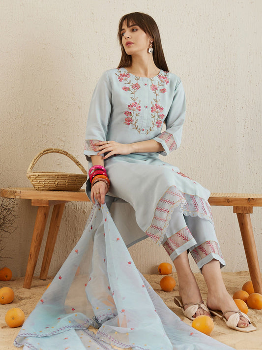 Women Blue Embroidered Straight Kurta Trousers With Dupatta Set