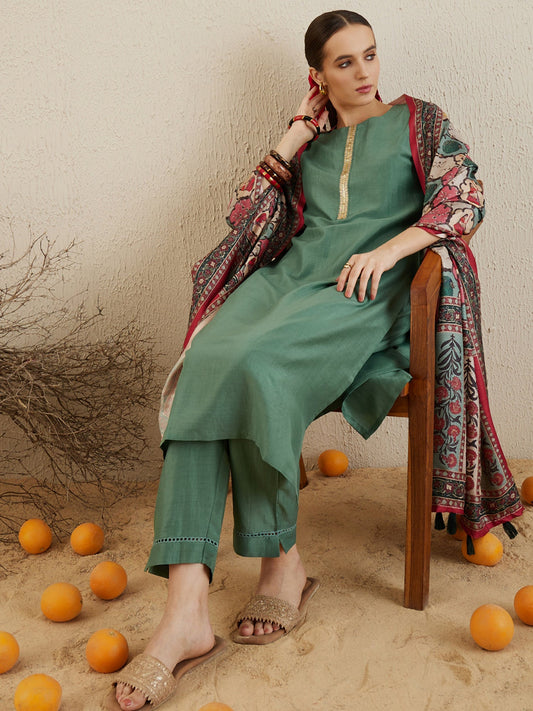 Women Sea Green Self Design Straight Kurta Trousers With Dupatta Set