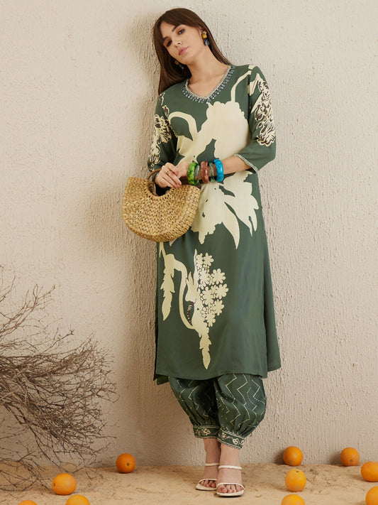 Women Green Printed A-Line Kurta Salwar Set