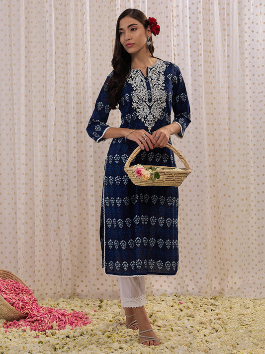 Women Navy Blue Printed Straight Kurtas