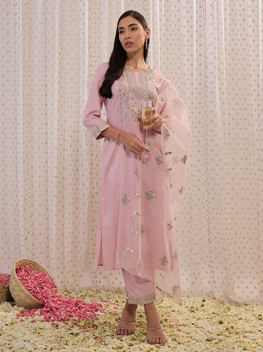 Women Pink Embroidered Straight Kurta Trousers With Dupatta Set