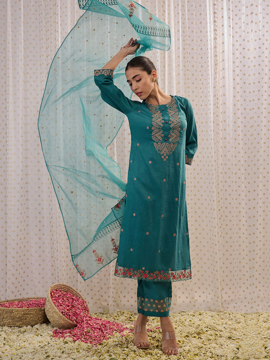 Women Sea Green Embroidered Straight Kurta Trousers With Dupatta Set