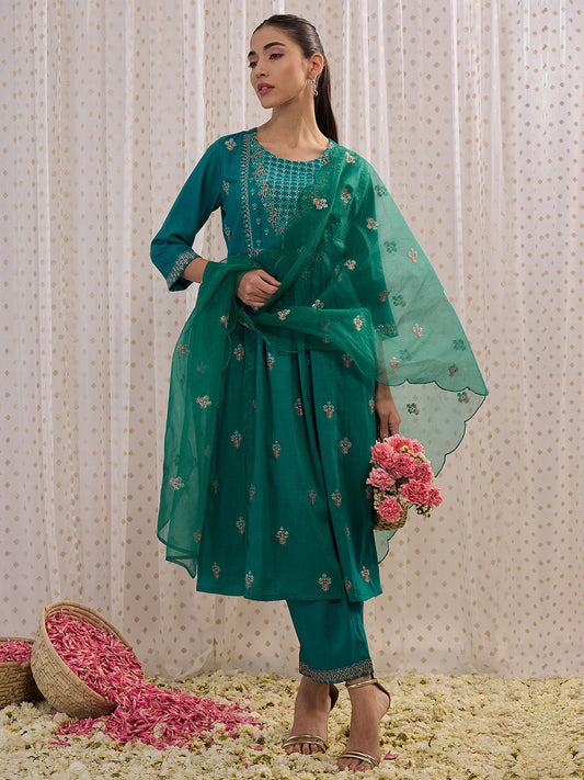 Women Teal Embroidered A-Line Kurta Trousers With Dupatta Set