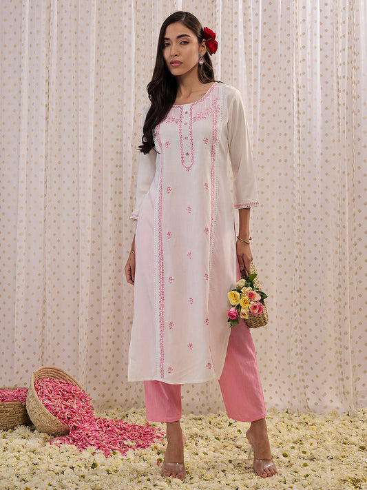 Women White Embroidered Straight Kurtas