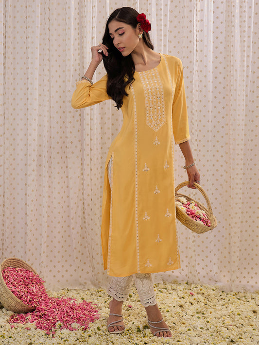 Women Yellow Embroidered Straight Kurtas