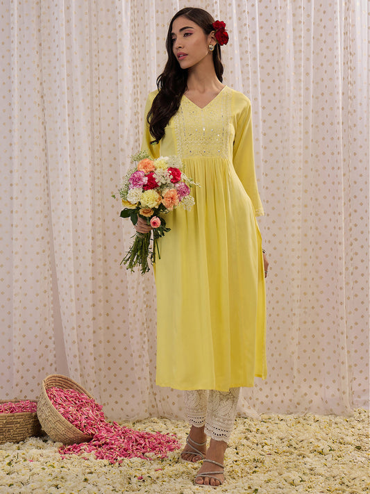 Women Yellow Embroidered A-Line Kurtas