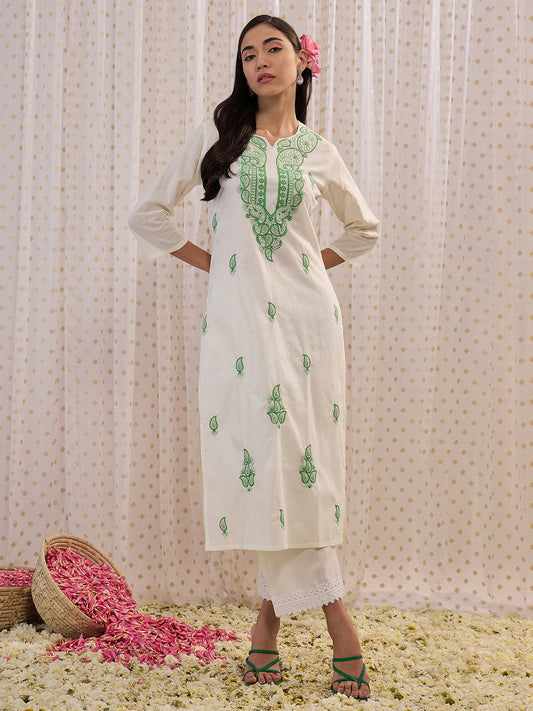 Women White Embroidered Straight Kurtas