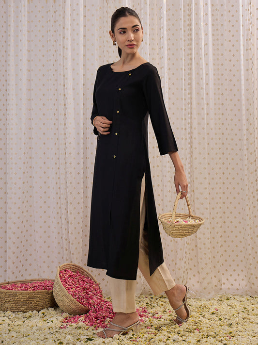 Women Black Solid Straight Kurtas