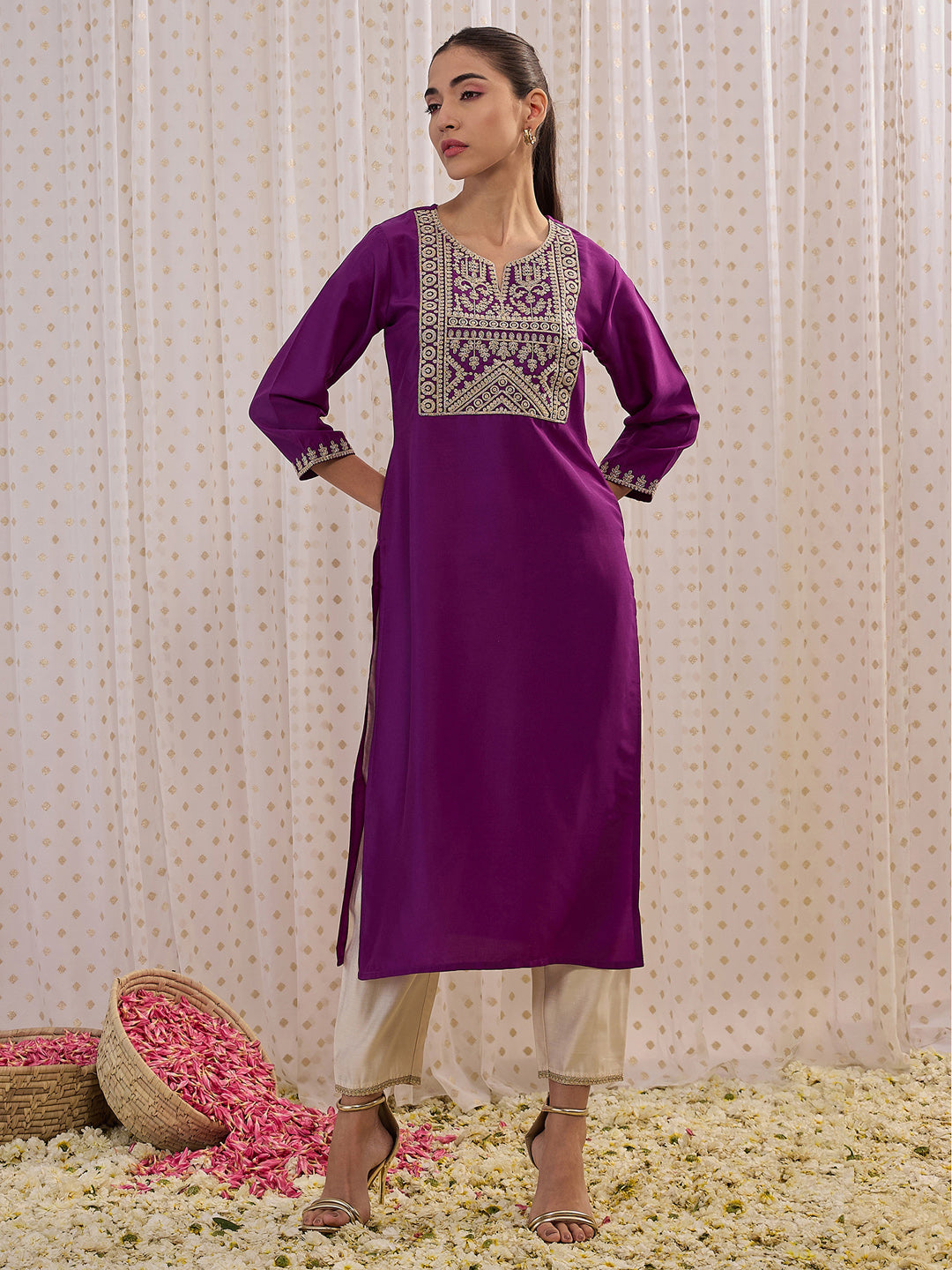 Women Purple Embroidered Straight Kurtas