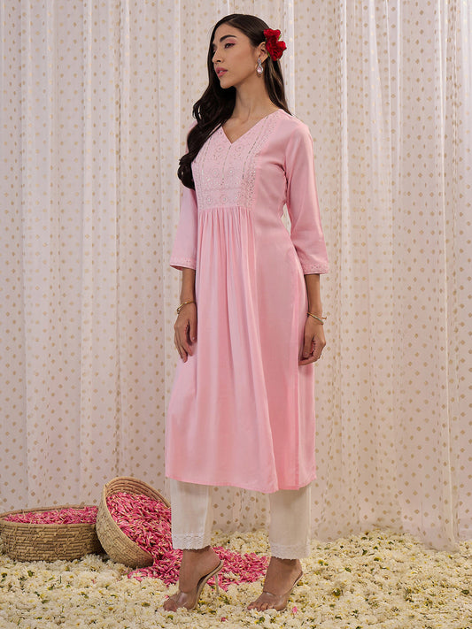 Women Pink Embroidered A-Line Kurtas