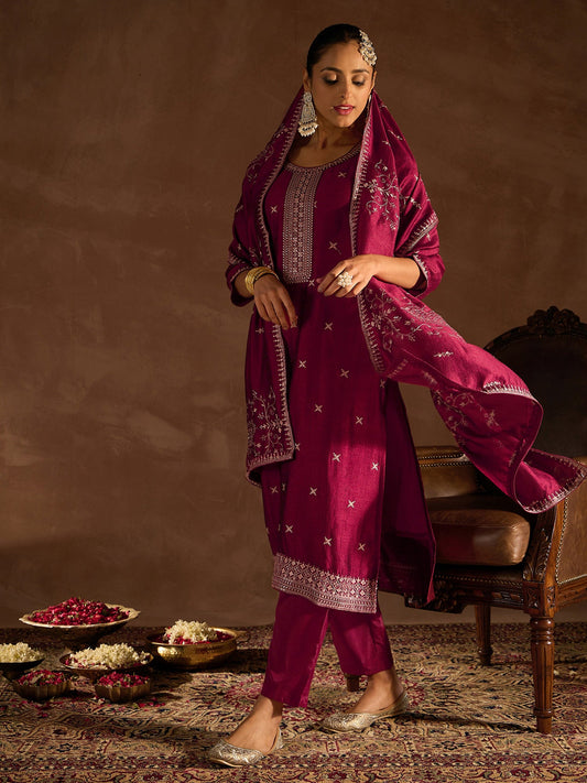 Women Maroon Embroidered Straight Kurta Trousers With Dupatta Set