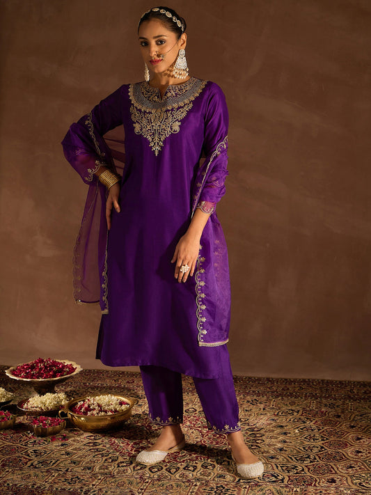 Women Purple Embroidered Straight Kurta Trousers With Dupatta Set