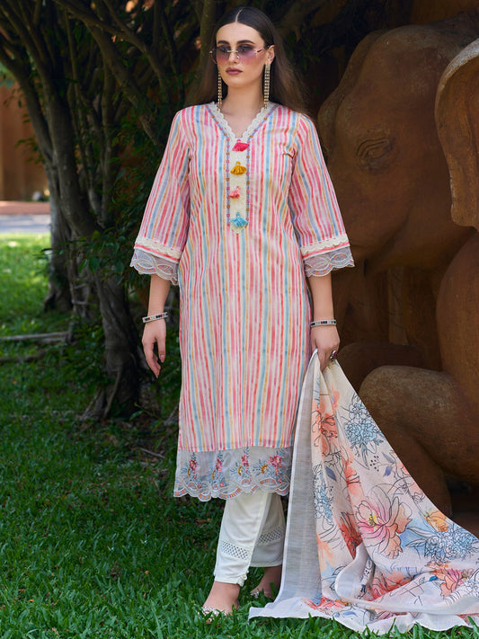 Women Multi Striped Straight Kurta Trousers With Dupatta Set