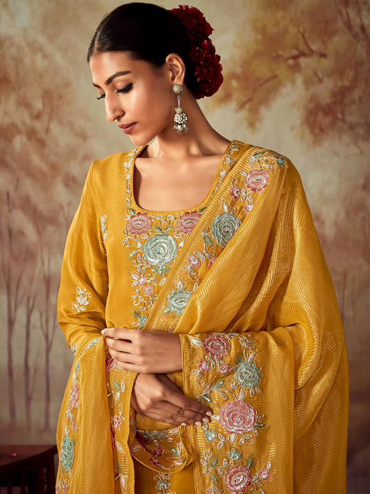 Women Mustard Embroidered Straight Kurta Trousers With Dupatta Set