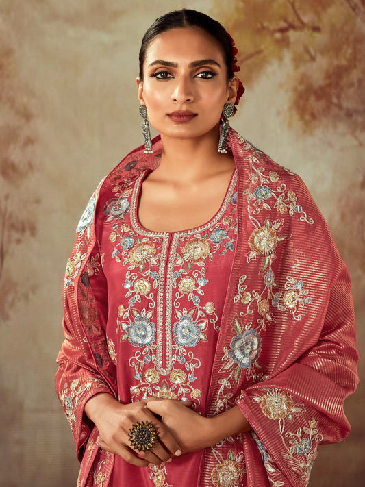 Women Rust Embroidered Straight Kurta Trousers With Dupatta Set