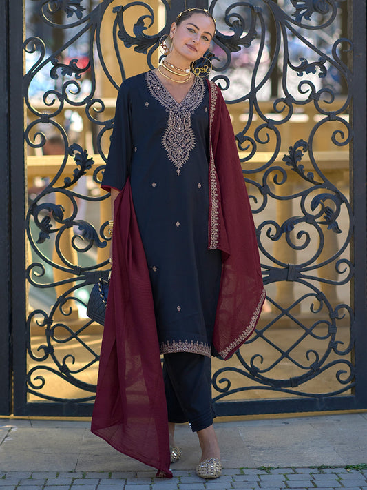 Women Black Embroidered Straight Kurta Trousers With Dupatta Set