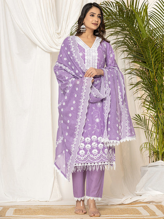 Women Lavender Embroidered Straight Kurta Trousers Set