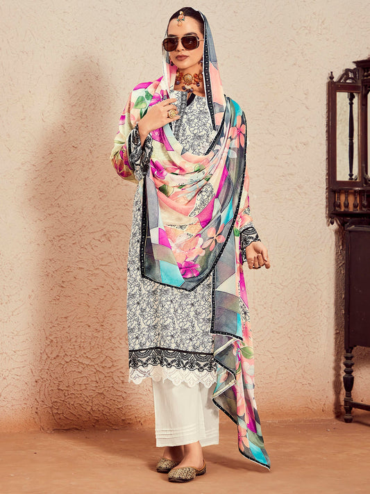 Women Off White Printed Straight Kurta Trousers With Dupatta  Set